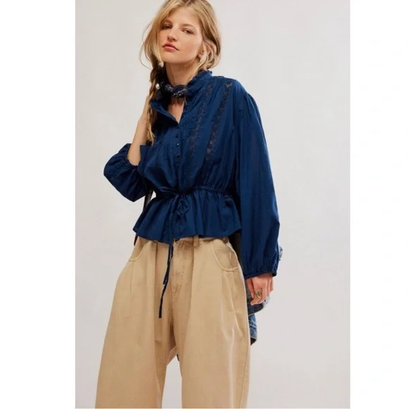 Free People Blue Lace “Best of me” Blouse XL - Picture 2 of 11